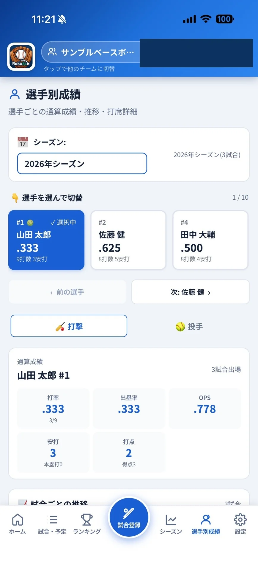 選手別の通算成績画面。打率・出塁率・OPS・安打・打点が一画面に集約され、保護者がスマホで我が子の成績をいつでも確認できる